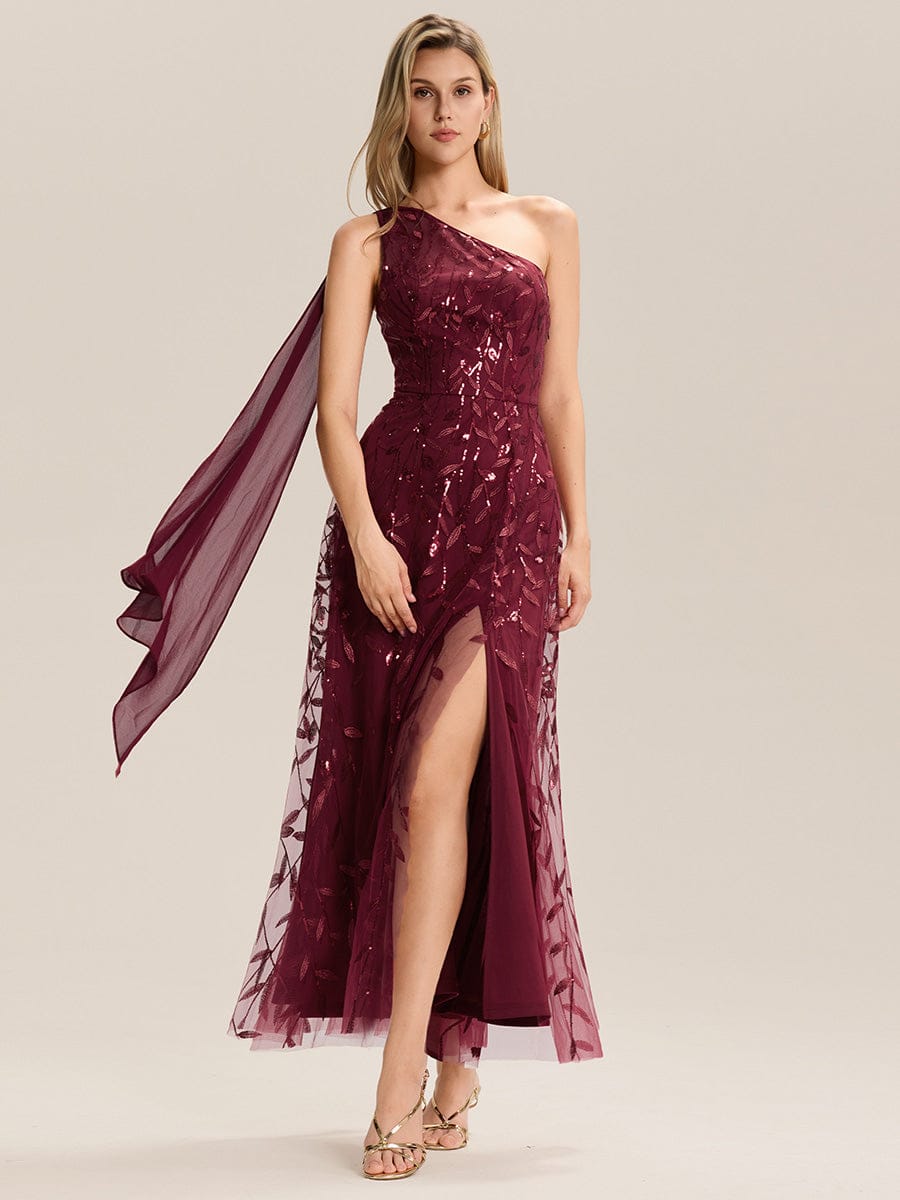 Flowing Ribbons Sequin Sleeveless Wedding Guest Dress #color_Burgundy