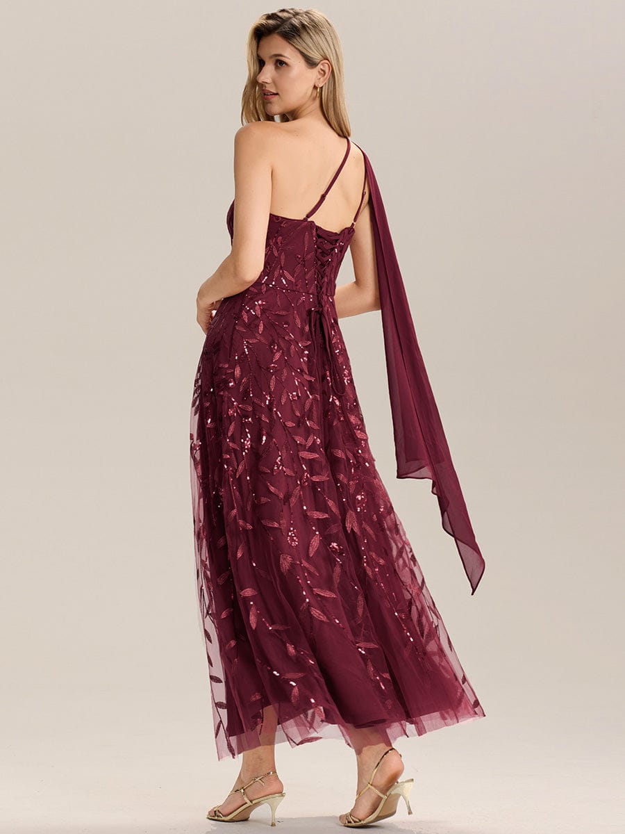 Flowing Ribbons Sequin Sleeveless Wedding Guest Dress #color_Burgundy