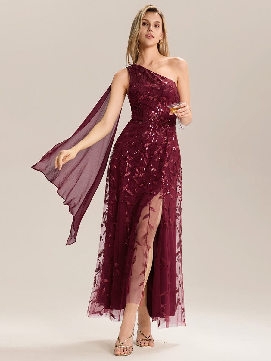 Flowing Ribbons Sequin Sleeveless Wedding Guest Dress #color_Burgundy