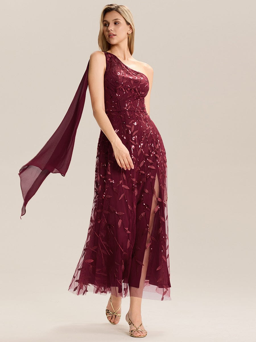 Flowing Ribbons Sequin Sleeveless Wedding Guest Dress #color_Burgundy