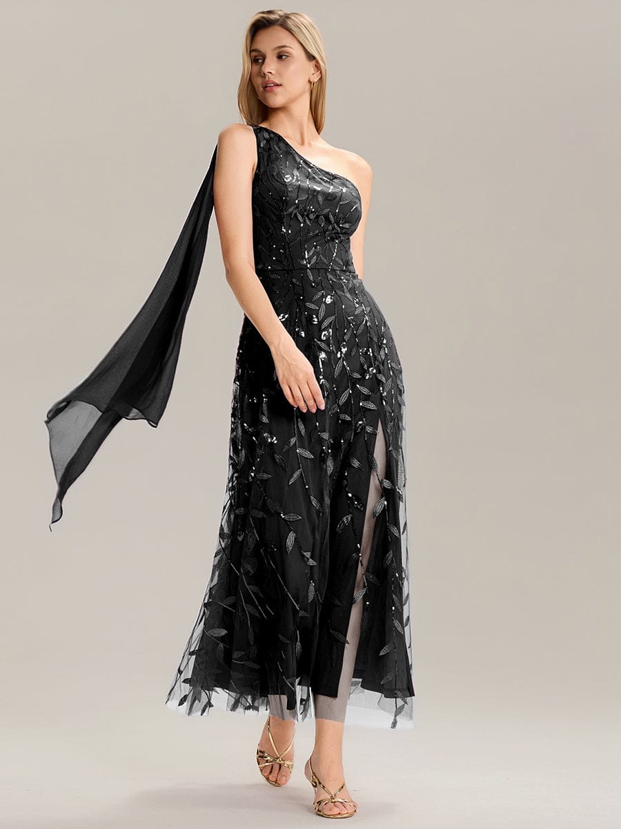 Flowing Ribbons Sequin Sleeveless Wedding Guest Dress #color_Black