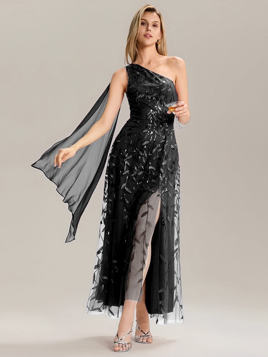 Flowing Ribbons Sequin Sleeveless Wedding Guest Dress #color_Black