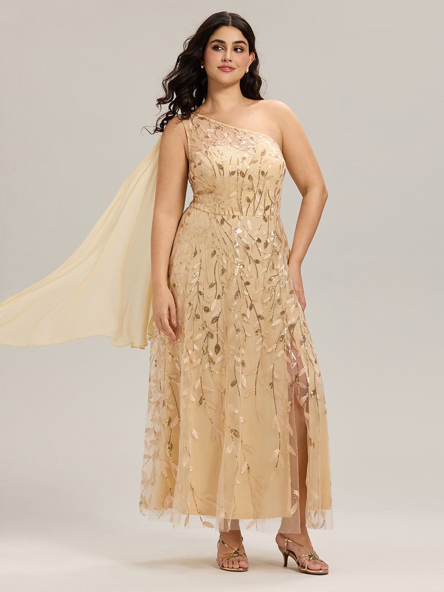 Flowing Ribbons Sequin Sleeveless Wedding Guest Dress #color_Gold