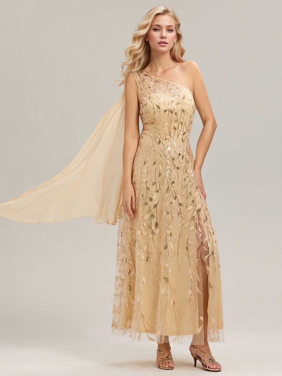 Flowing Ribbons Sequin Sleeveless Wedding Guest Dress #color_Gold