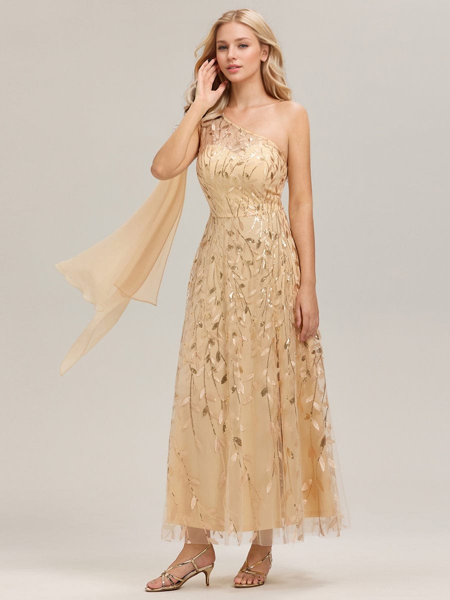 Flowing Ribbons Sequin Sleeveless Wedding Guest Dress #color_Gold