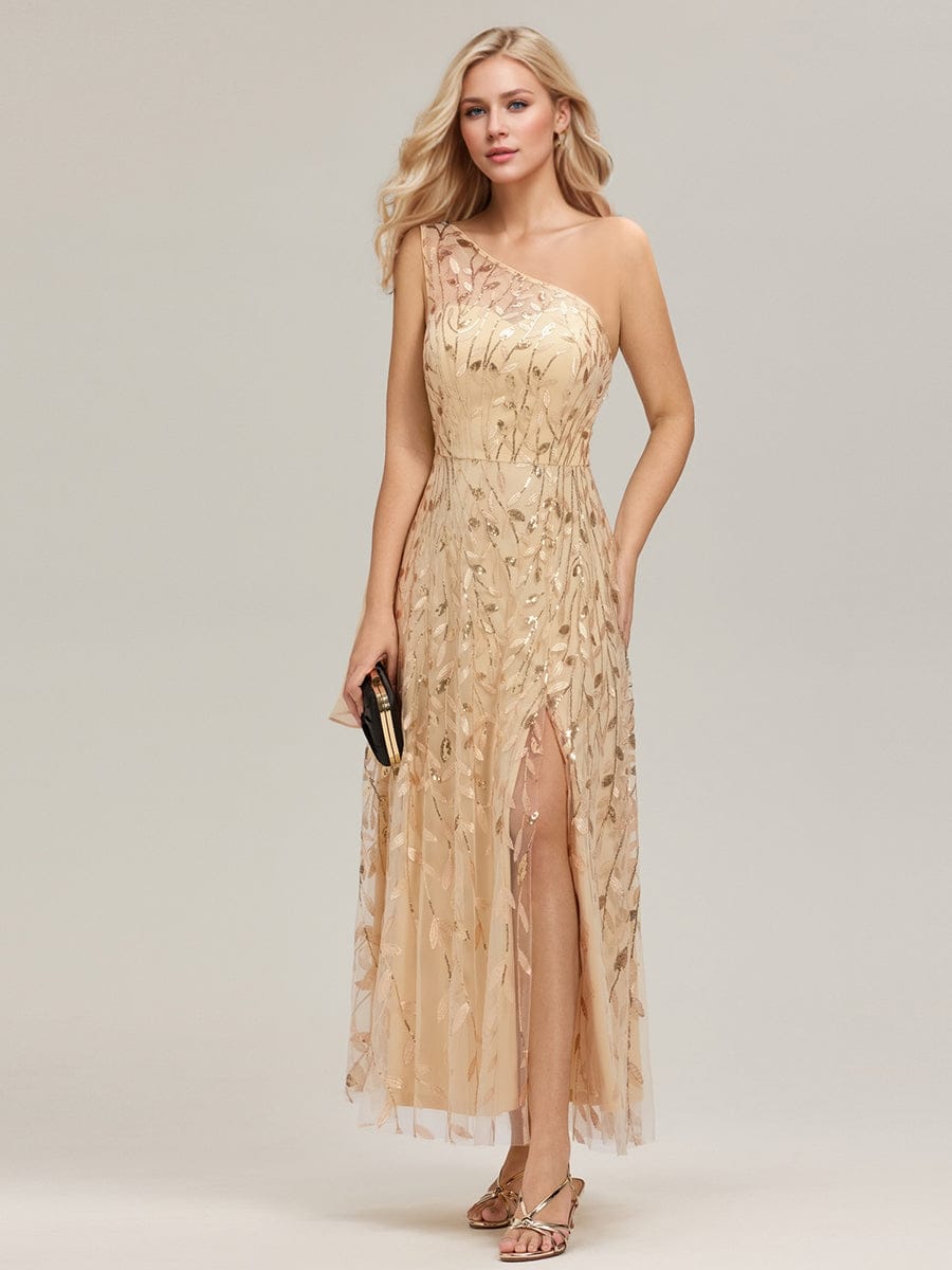 Flowing Ribbons Sequin Sleeveless Wedding Guest Dress #color_Gold