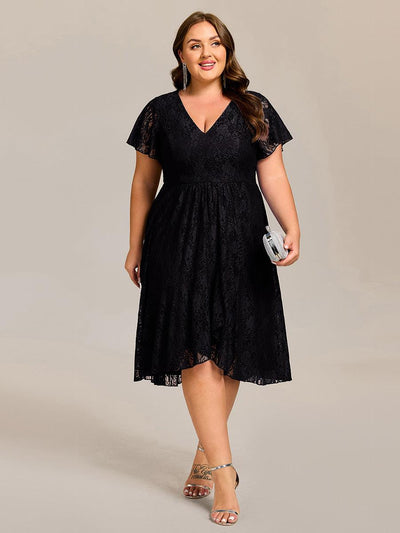 pretty PALOMA|Plus Size Short Sleeves V-Neck A-Line Lace Midi Wedding Guest Dress