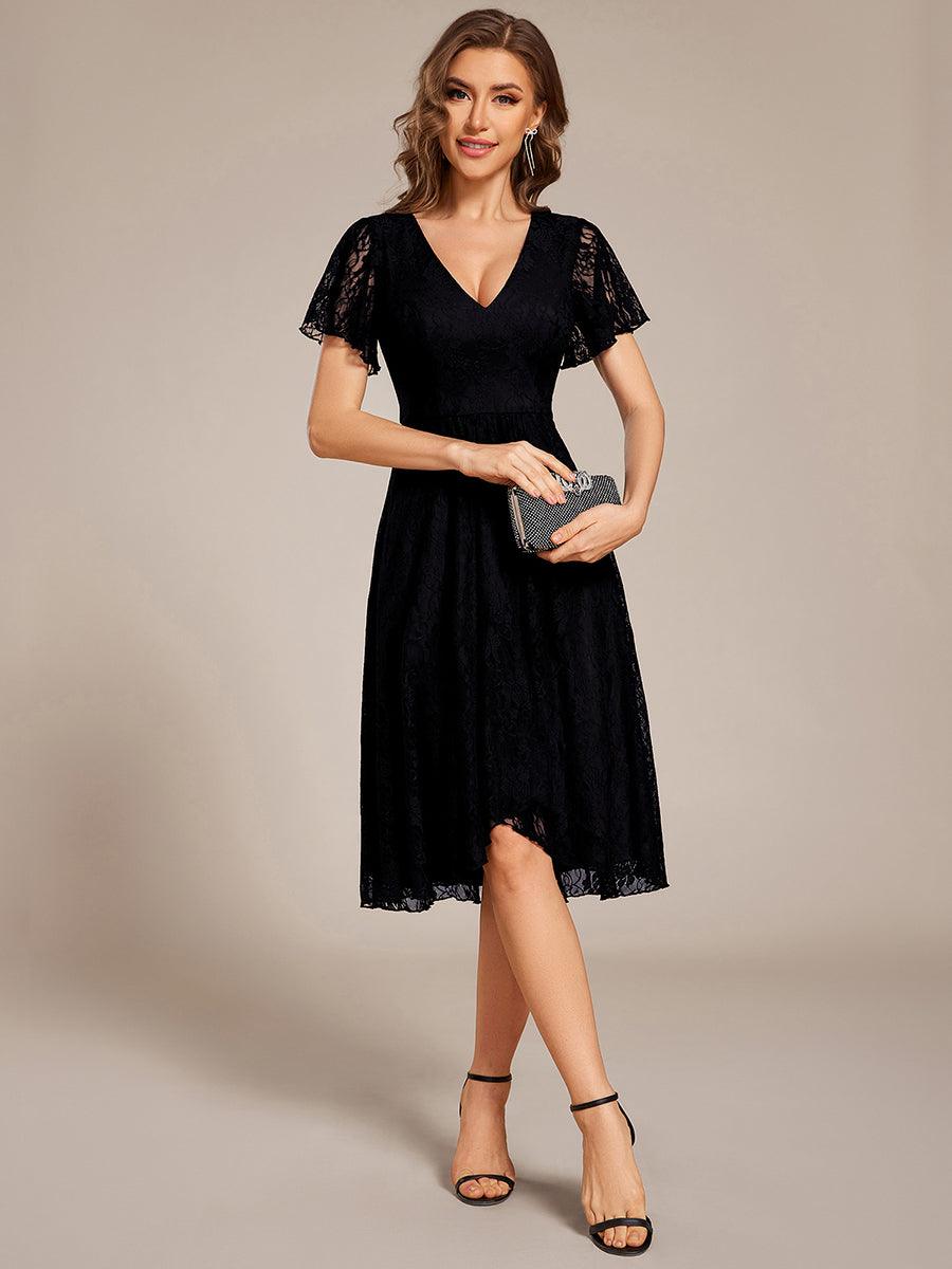 Ruffled Sleeves Lace A-Line Formal Evening Dress #color_Black