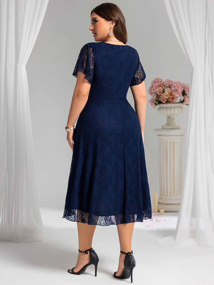 Plus Size Ruffled Sleeves Lace A-Line Formal Evening Dress #color_Navy Blue