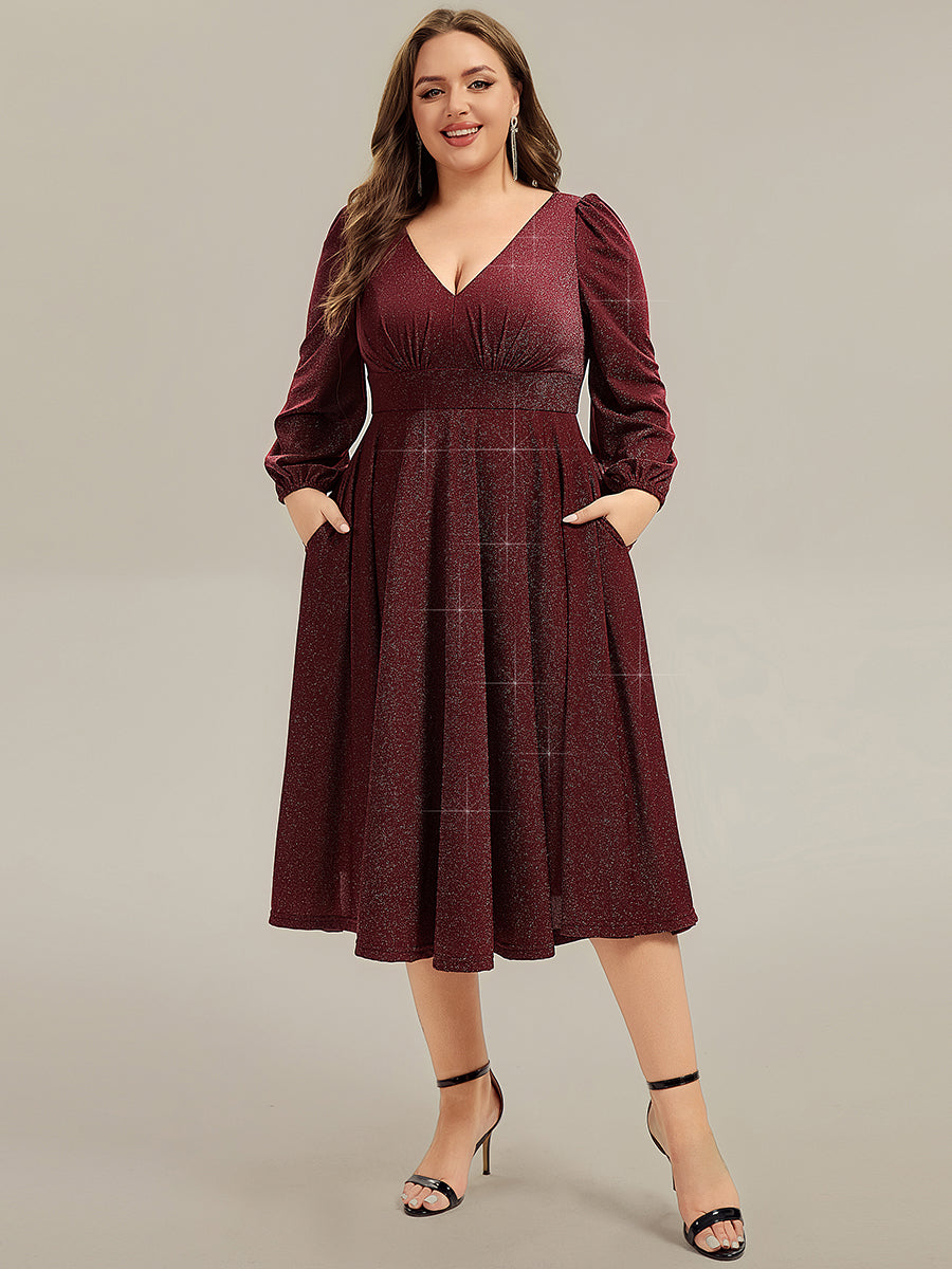 Glitter long Sleeve A-Line Midi Dress With Pocket #color_Burgundy
