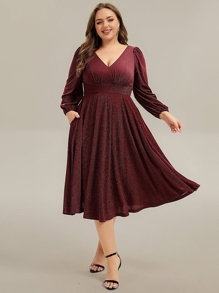 Glitter long Sleeve A-Line Midi Dress With Pocket #color_Burgundy