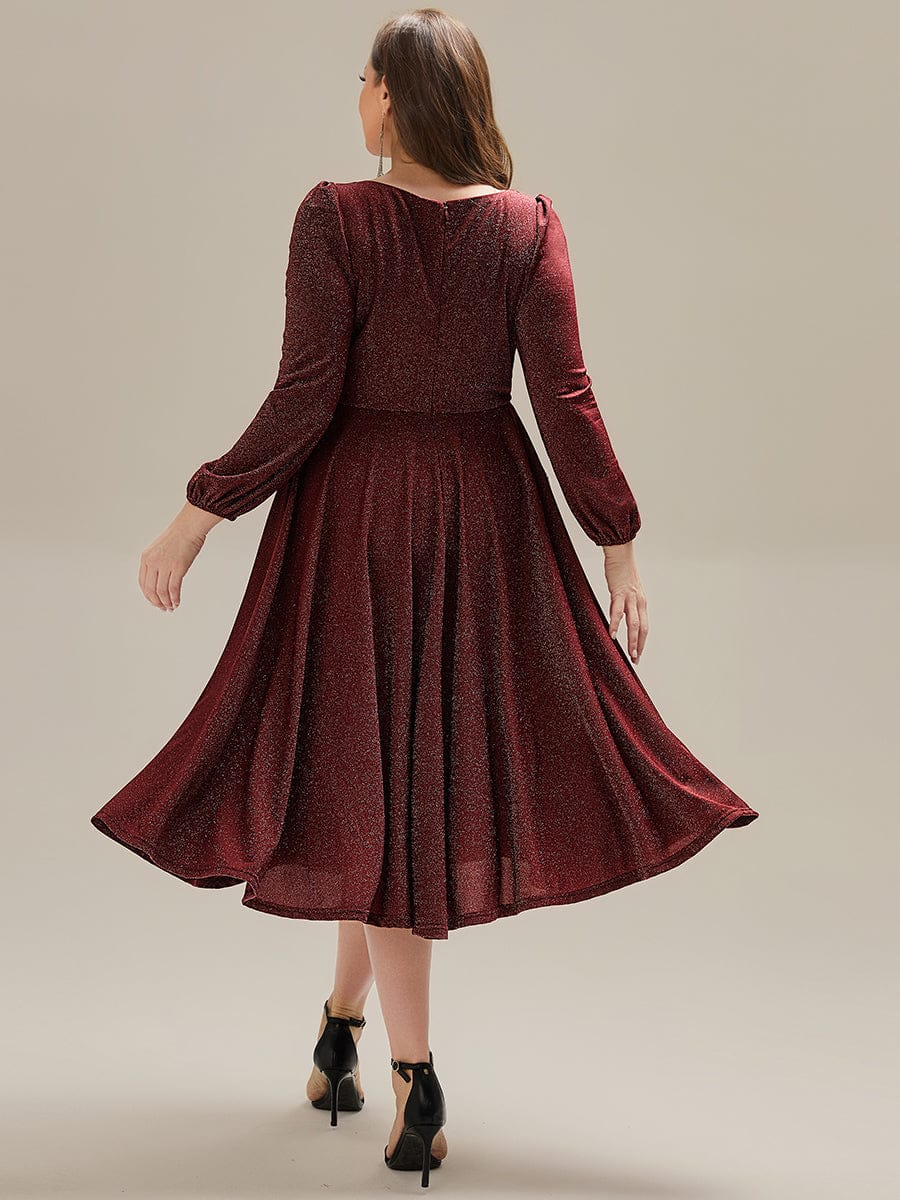 Plus Size Glitter long Sleeve Midi Dress With Pocket #color_Burgundy
