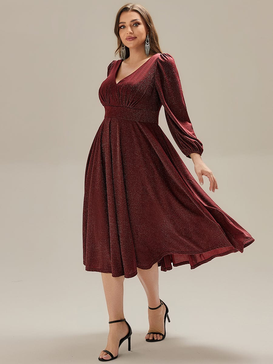 Plus Size Glitter long Sleeve Midi Dress With Pocket #color_Burgundy
