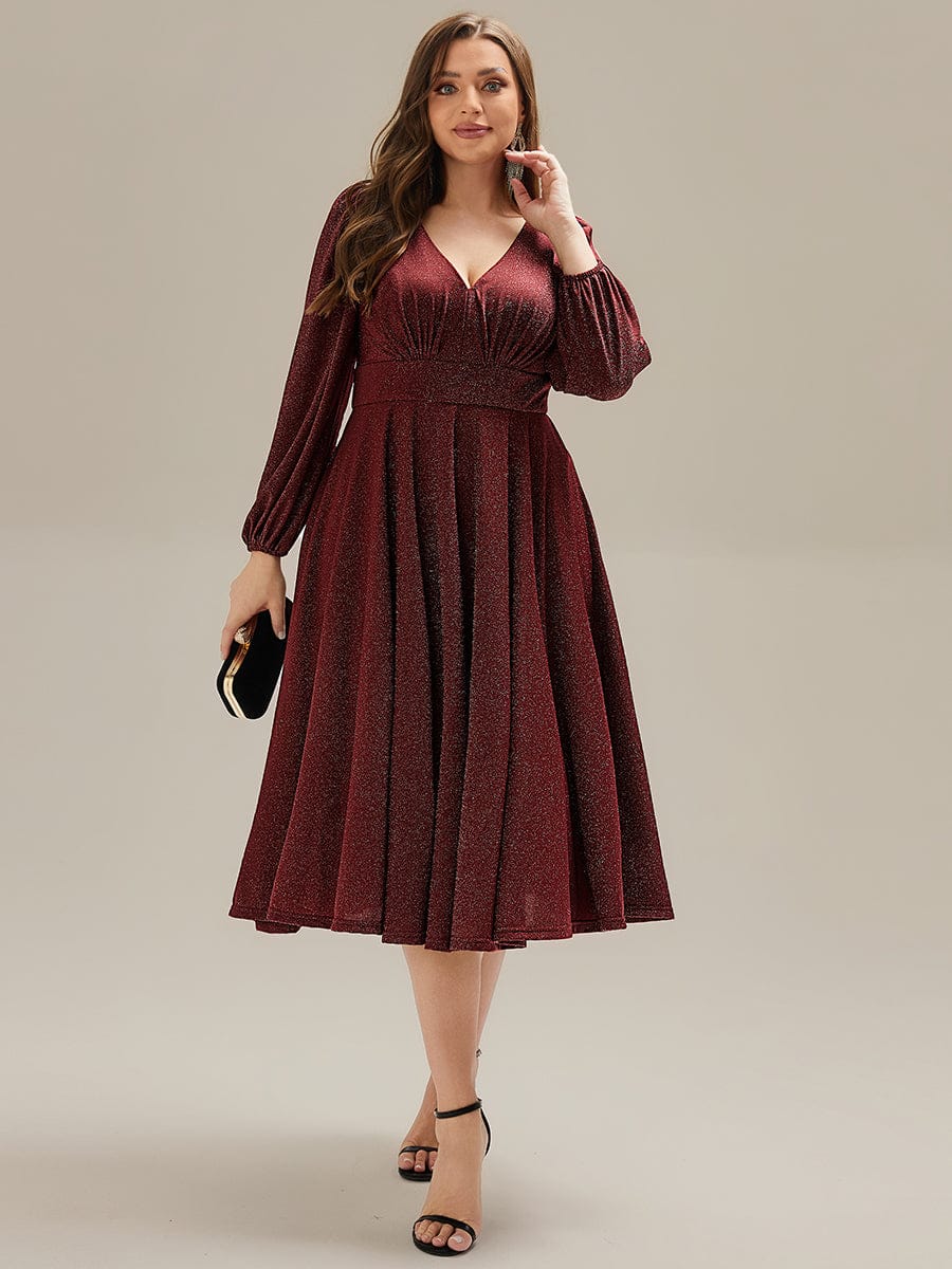 Plus Size Glitter long Sleeve Midi Dress With Pocket #color_Burgundy
