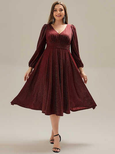 Plus Size Glitter long Sleeve Midi Dress With Pocket #color_Burgundy
