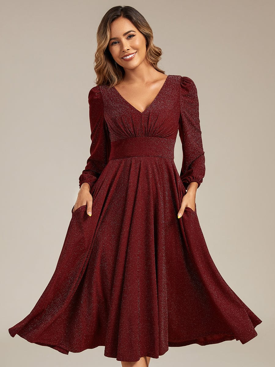 Glitter long Sleeve A-Line Midi Dress With Pocket #color_Burgundy