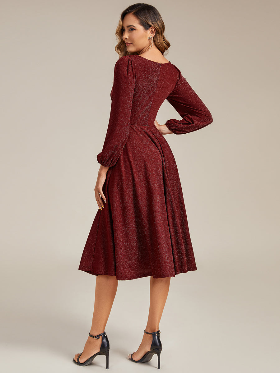 Glitter long Sleeve A-Line Midi Dress With Pocket #color_Burgundy