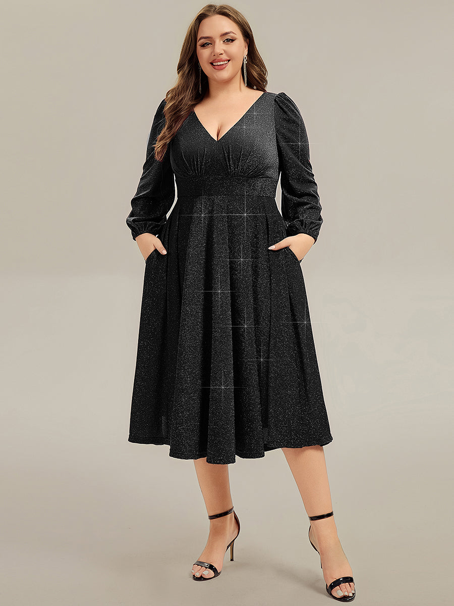 Glitter long Sleeve A-Line Midi Dress With Pocket #color_Black