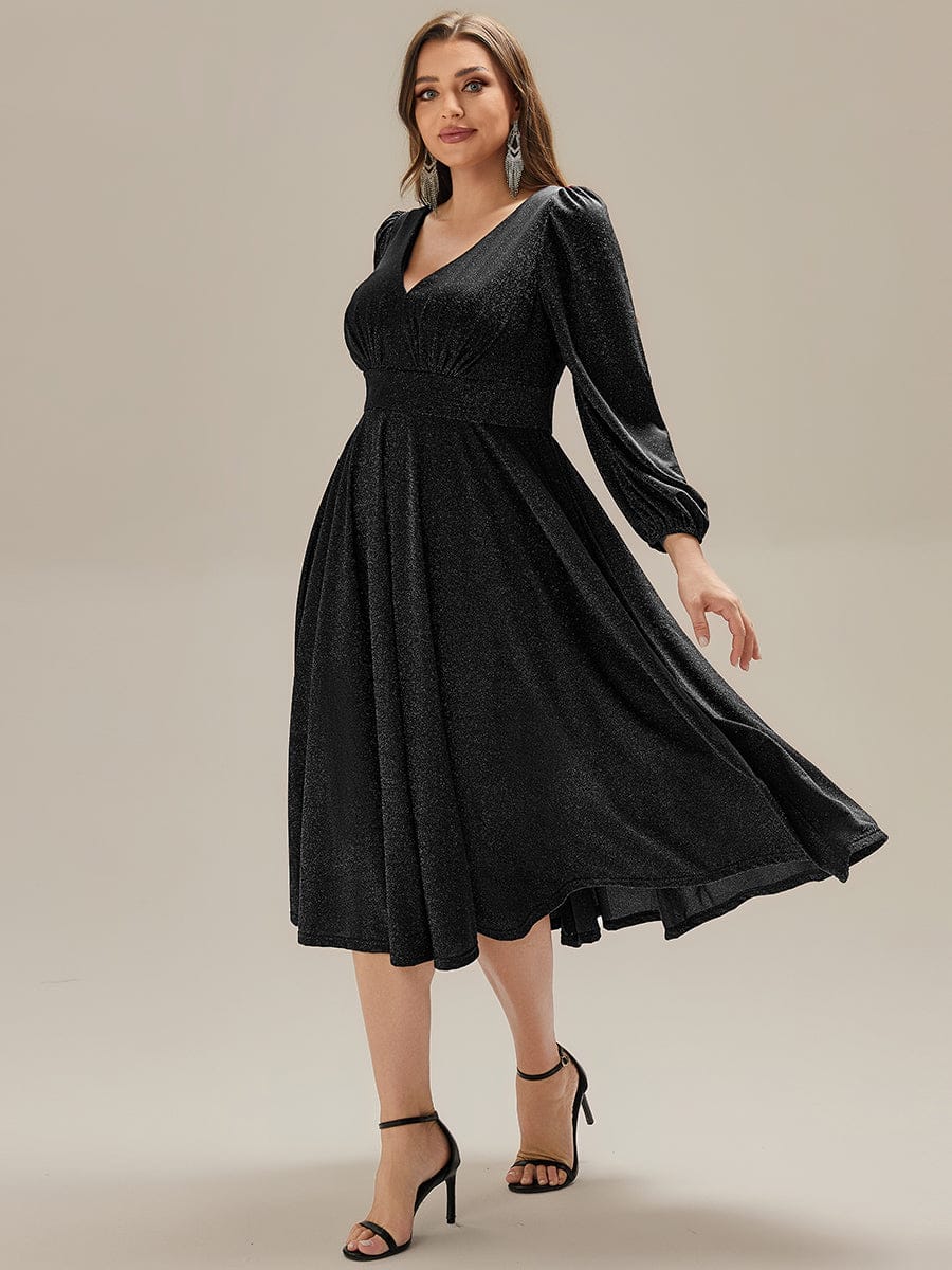 Plus Size Glitter long Sleeve Midi Dress With Pocket #color_Black