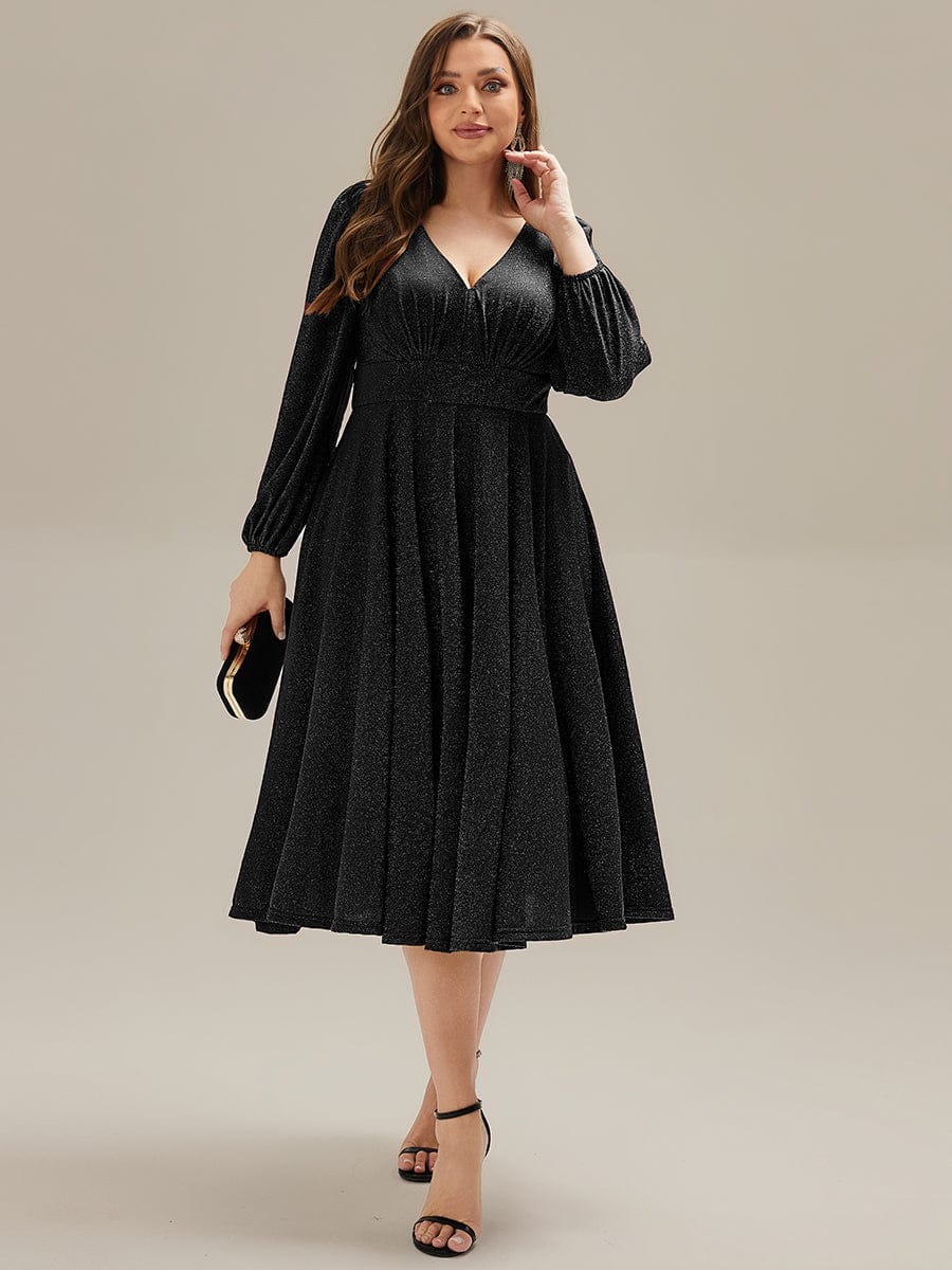 Plus Size Glitter long Sleeve Midi Dress With Pocket #color_Black