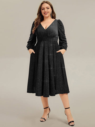 Plus Size Glitter long Sleeve Midi Dress With Pocket #color_Black