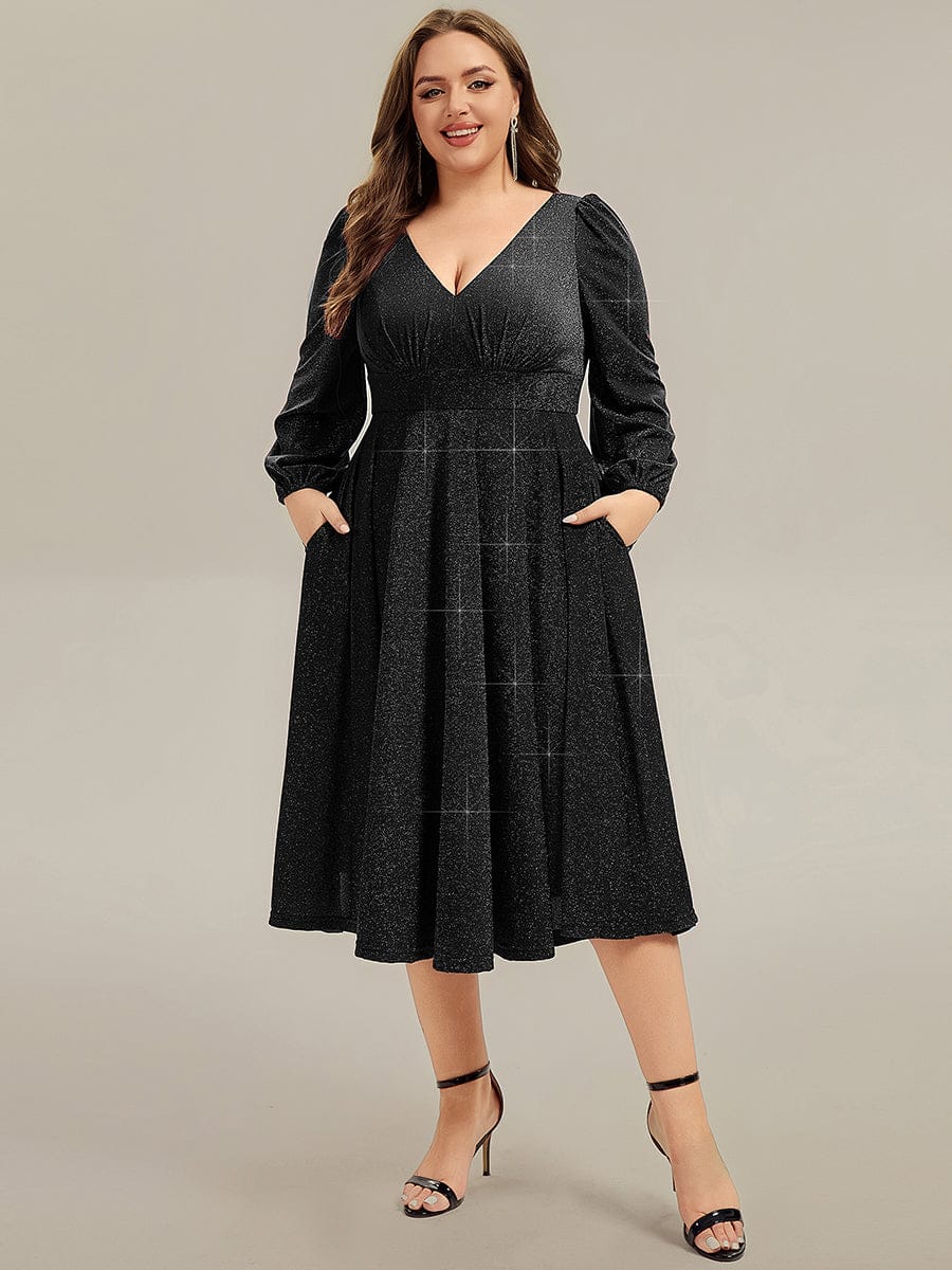 Plus Size With Pocket Glitter Midi Wedding Guest Dress #color_Black