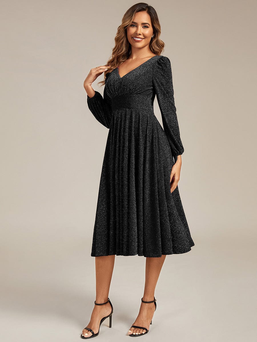 Glitter long Sleeve A-Line Midi Dress With Pocket #color_Black
