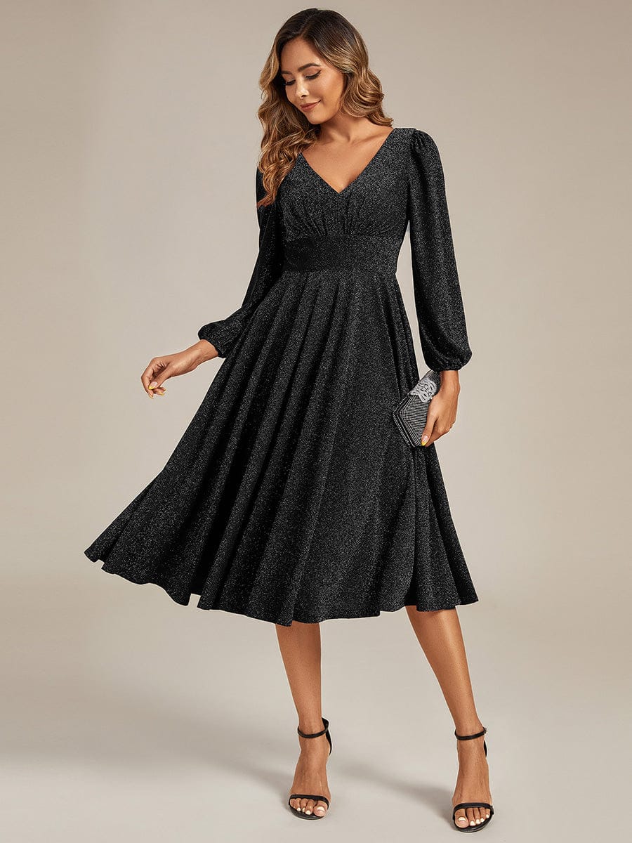 With Pocket Glitter Midi Wedding Guest Dress #color_Black