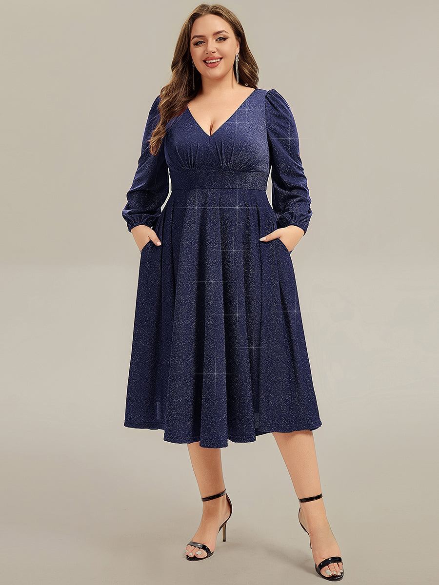 Plus Size Glitter long Sleeve Midi Dress With Pocket #color_Navy Blue