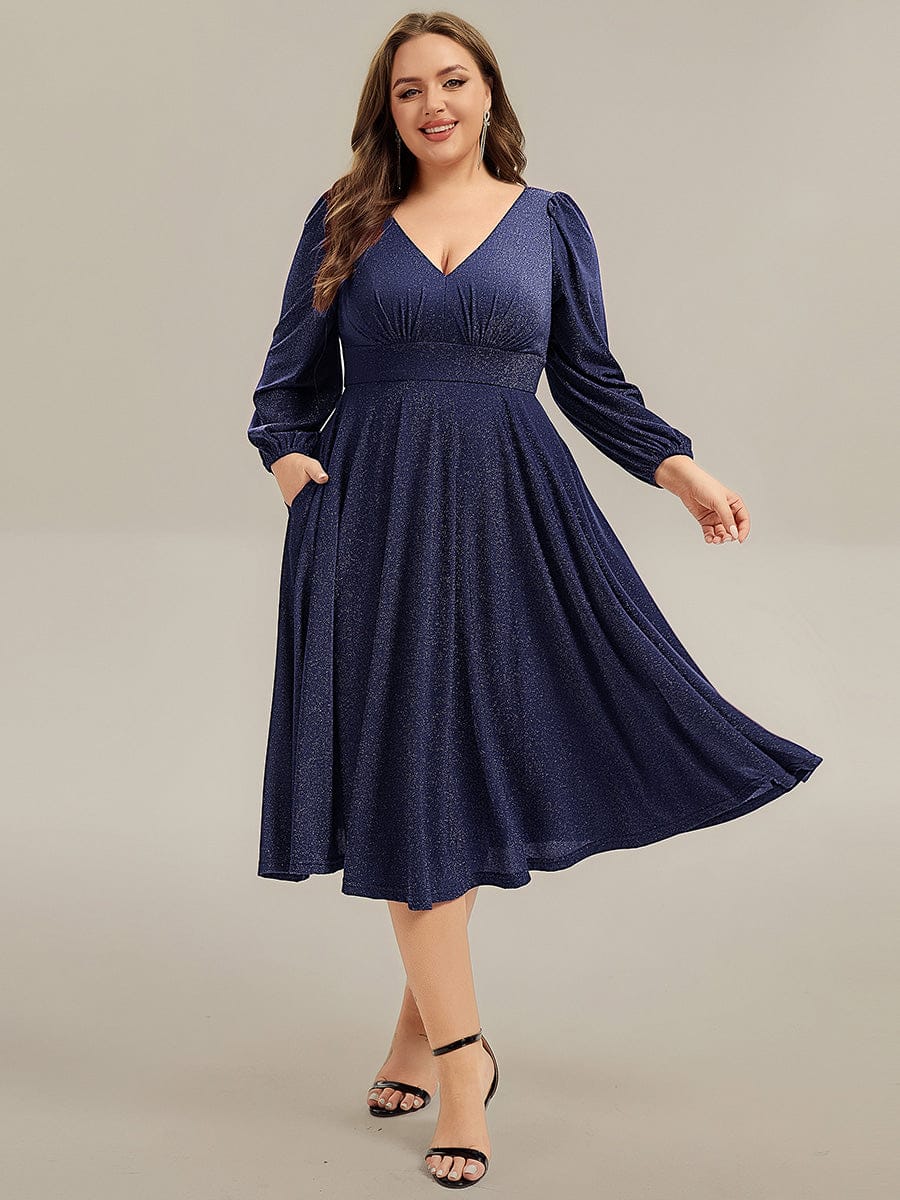 Plus Size Glitter long Sleeve Midi Dress With Pocket #color_Navy Blue