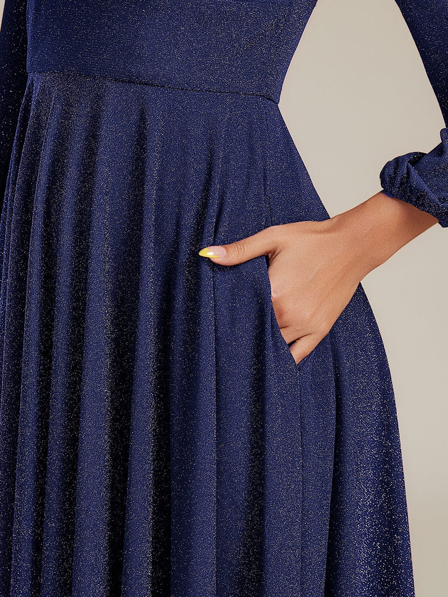 Plus Size Glitter long Sleeve Midi Dress With Pocket #color_Navy Blue