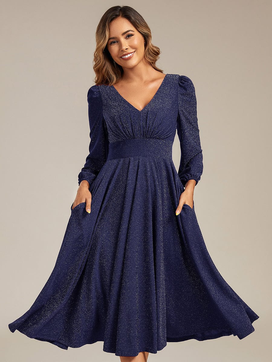 Glitter long Sleeve A-Line Midi Dress With Pocket #color_Navy Blue
