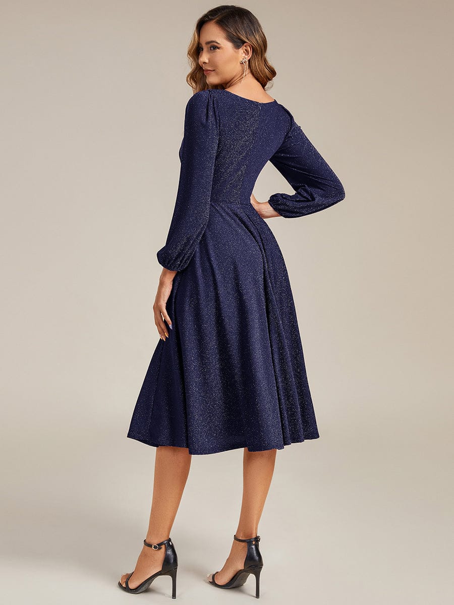 Glitter long Sleeve A-Line Midi Dress With Pocket #color_Navy Blue
