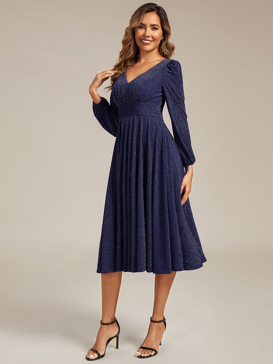 Glitter long Sleeve A-Line Midi Dress With Pocket #color_Navy Blue
