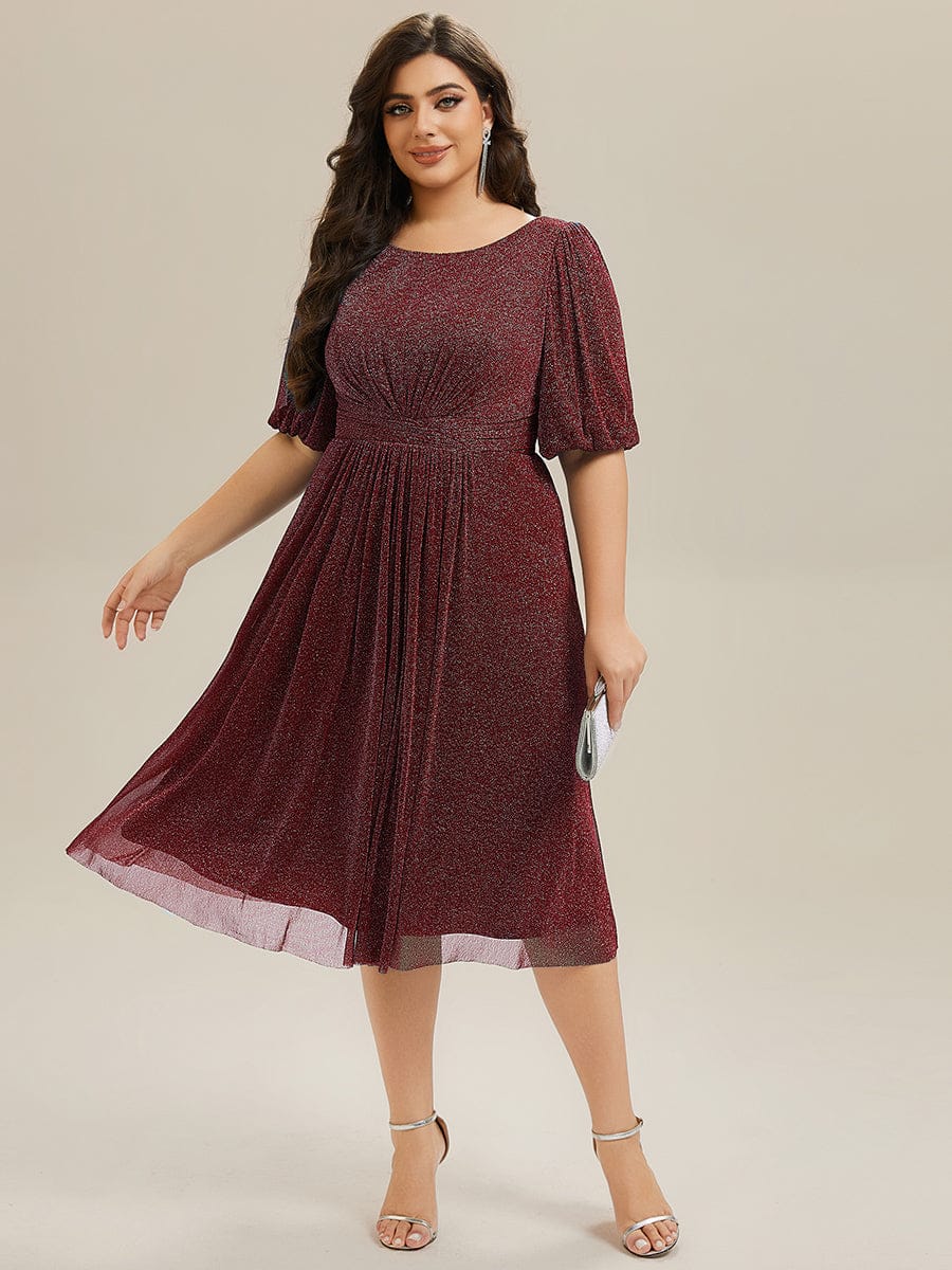 Shimmery Lantern Sleeve A-Line Wedding Guest Dress #color_Burgundy