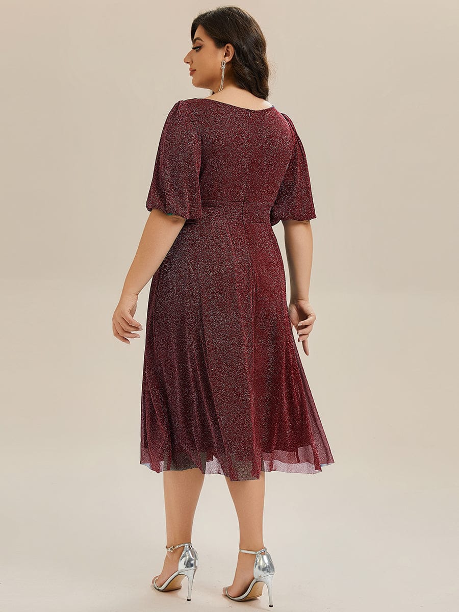 Shimmery Lantern Sleeve A-Line Wedding Guest Dress #color_Burgundy