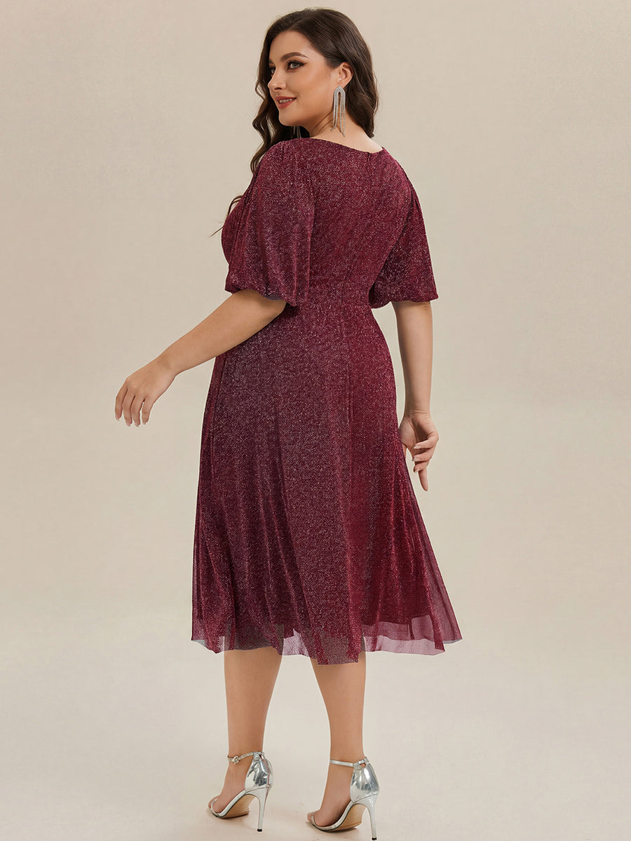 Shimmery Lantern Sleeve A-Line Wedding Guest Dress #color_Burgundy