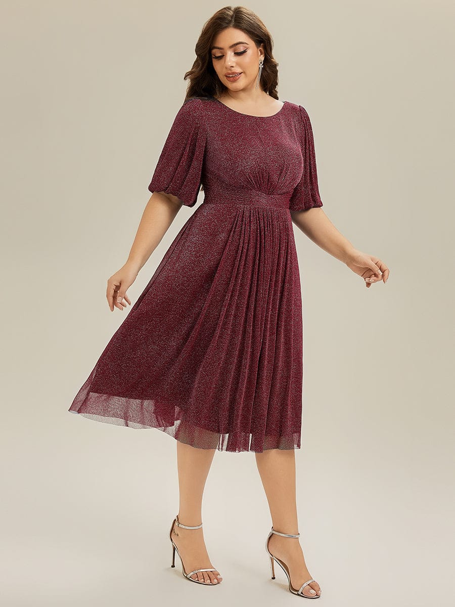 Shimmery Lantern Sleeve A-Line Wedding Guest Dress #color_Burgundy