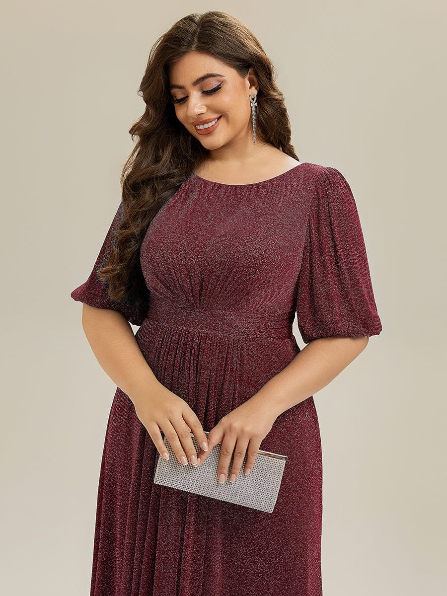 Shimmery Lantern Sleeve A-Line Wedding Guest Dress #color_Burgundy