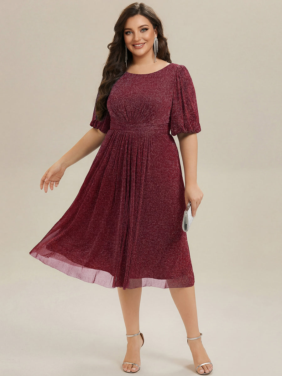 Plus Size Glitter Half Sleeve A-Line Wedding Guest Dress #color_Burgundy