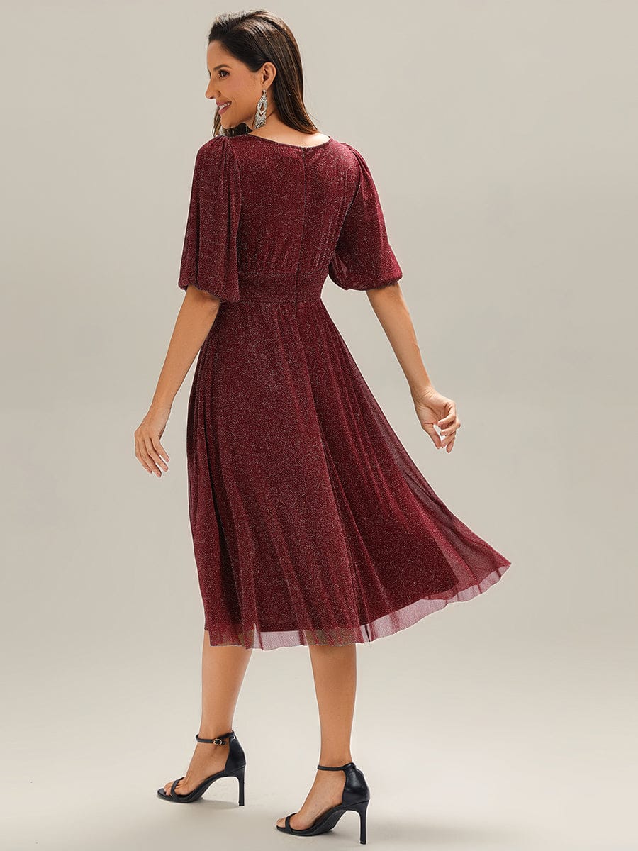 Shimmery Lantern Sleeve A-Line Wedding Guest Dress #color_Burgundy
