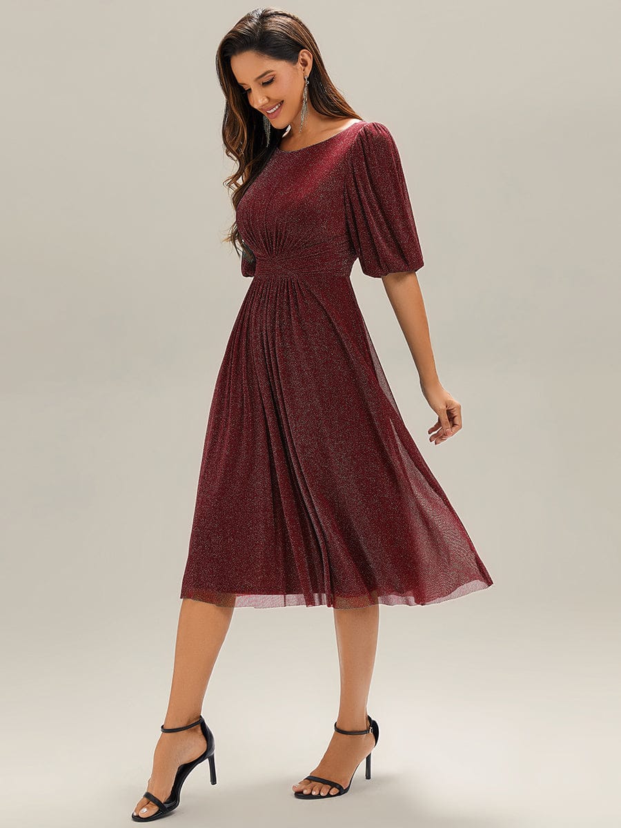 Shimmery Lantern Sleeve A-Line Wedding Guest Dress #color_Burgundy