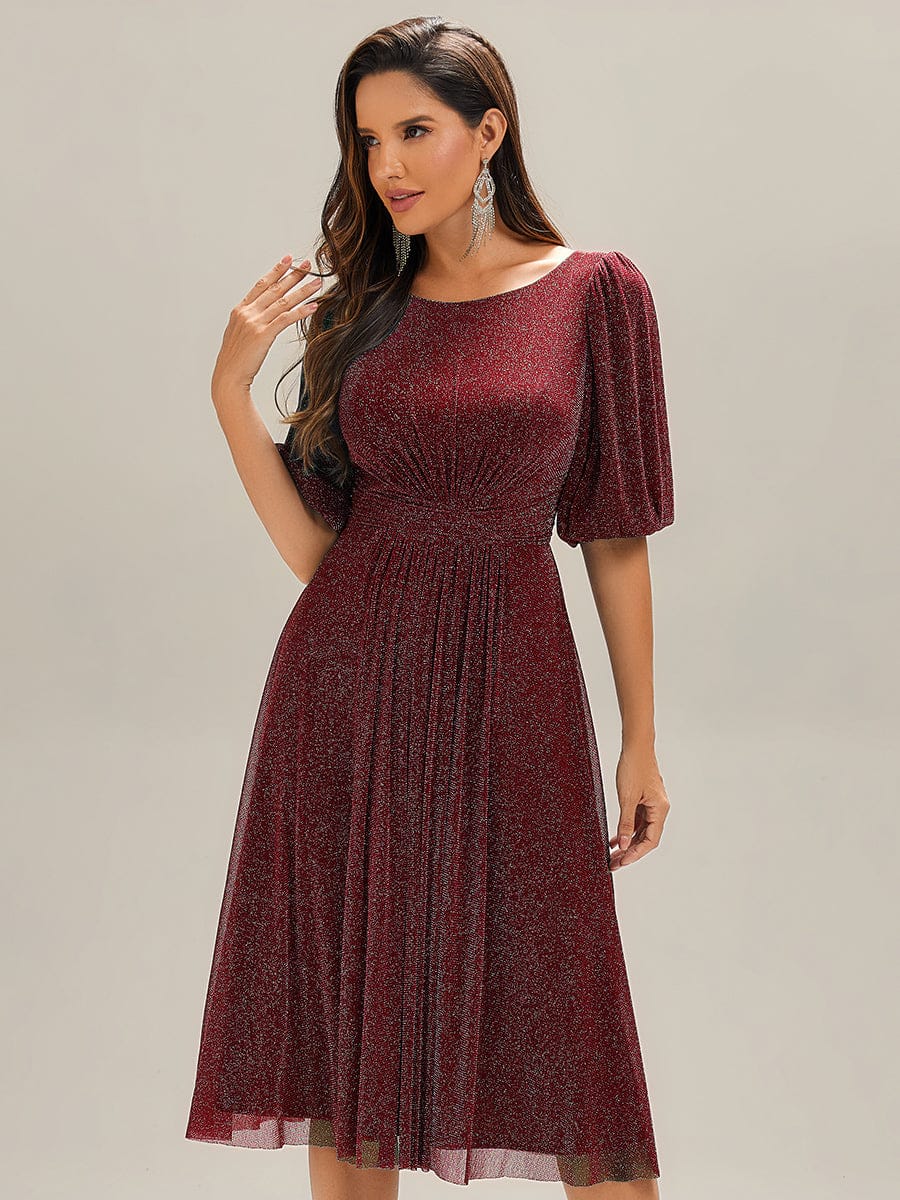 Shimmery Lantern Sleeve A-Line Wedding Guest Dress #color_Burgundy