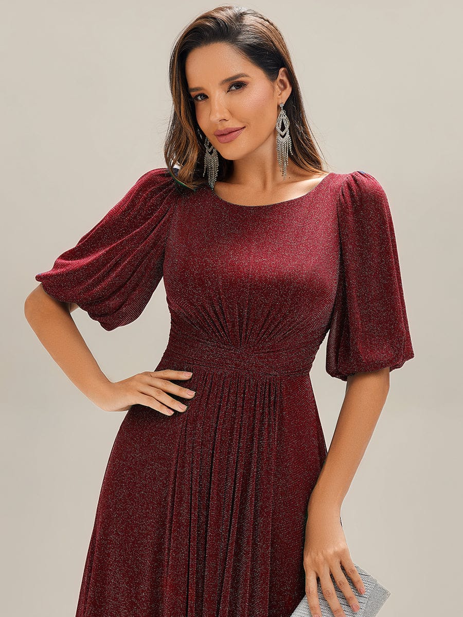 Shimmery Lantern Sleeve A-Line Wedding Guest Dress #color_Burgundy