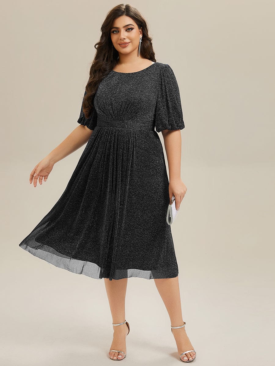 Shimmery Lantern Sleeve A-Line Wedding Guest Dress #color_Black