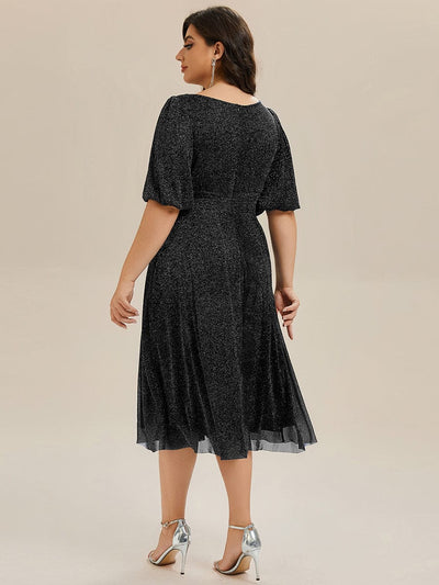 Plus Size Glitter Half Sleeve A-Line Wedding Guest Dress #color_Black