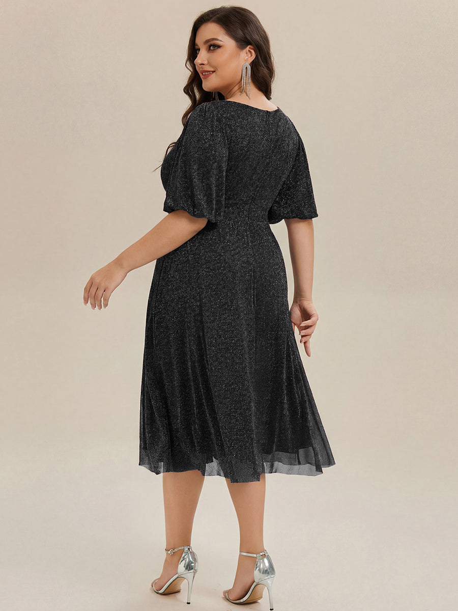 Plus Size Glitter Half Sleeve A-Line Wedding Guest Dress #color_Black