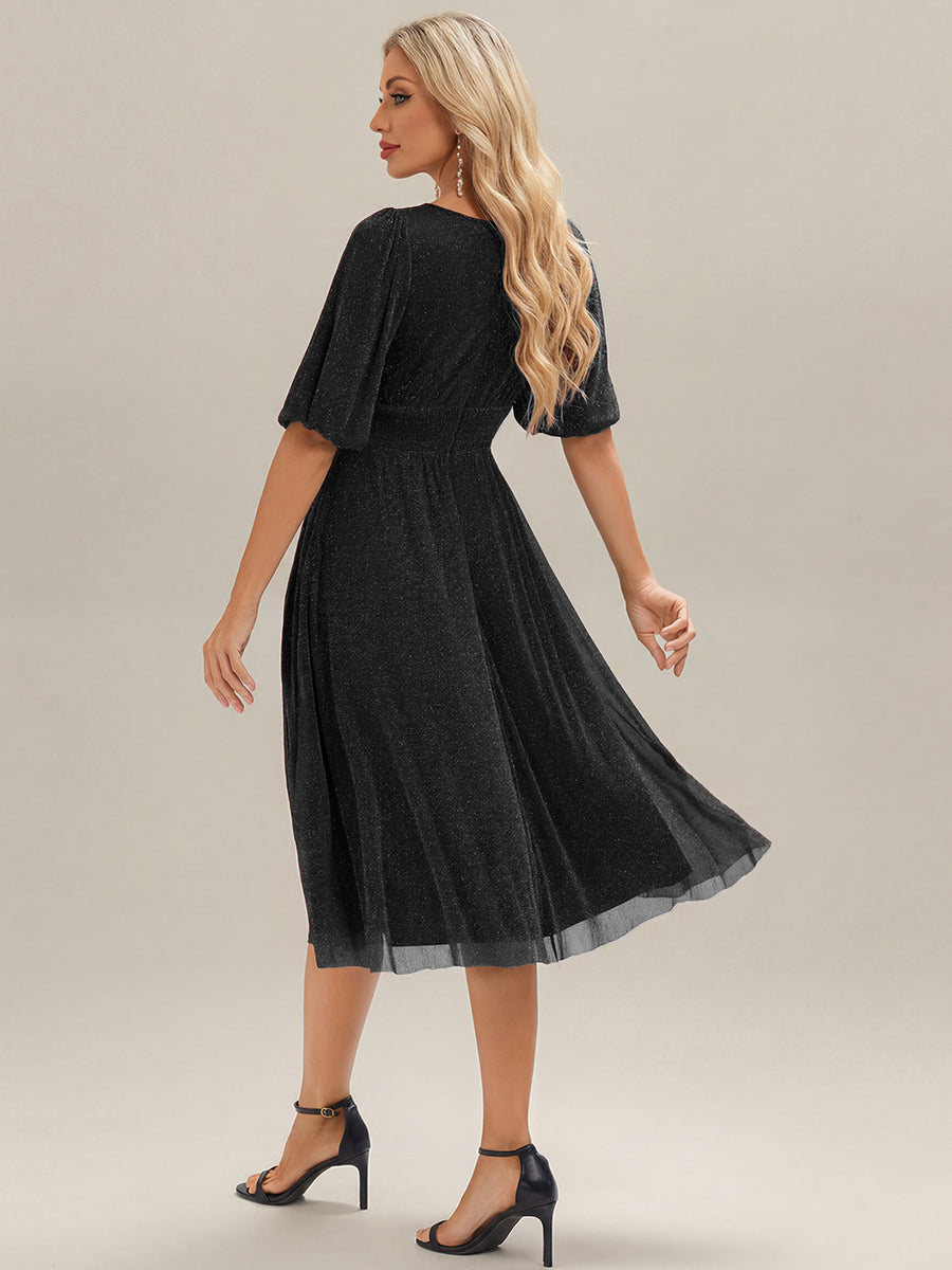 Shimmery Lantern Sleeve A-Line Wedding Guest Dress #color_Black