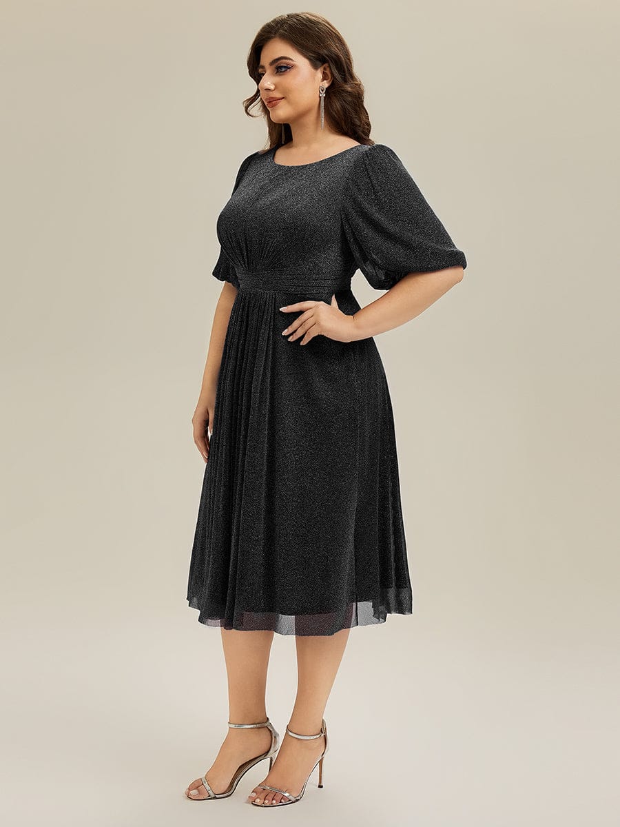Shimmery Lantern Sleeve A-Line Wedding Guest Dress #color_Black