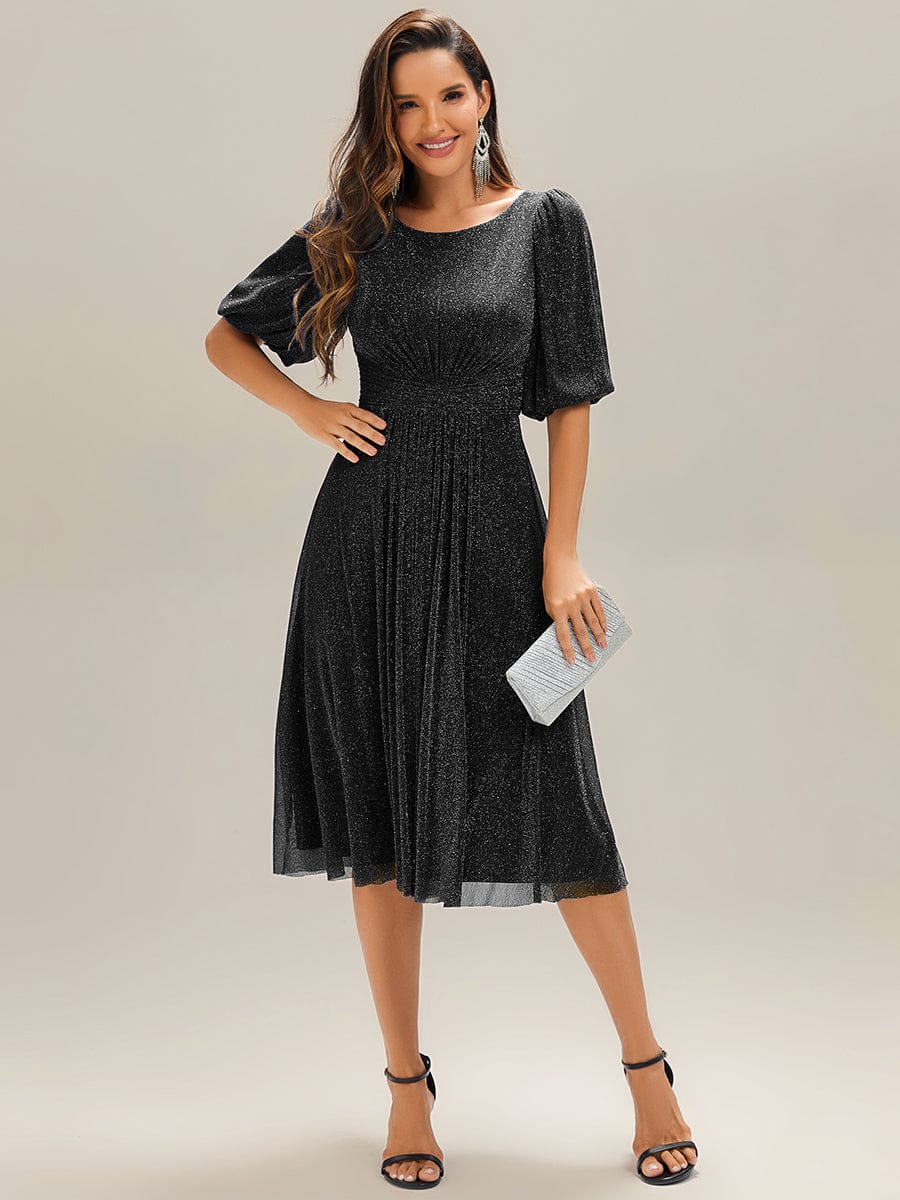 Shimmery Lantern Sleeve A-Line Wedding Guest Dress #color_Black